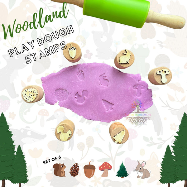 Wooden woodland kid Stampers, Set of 6 Playdough Stamps, Sustainably Sourced Wood Montessori Toy, Sensory Bin Educational ,Homeschool
