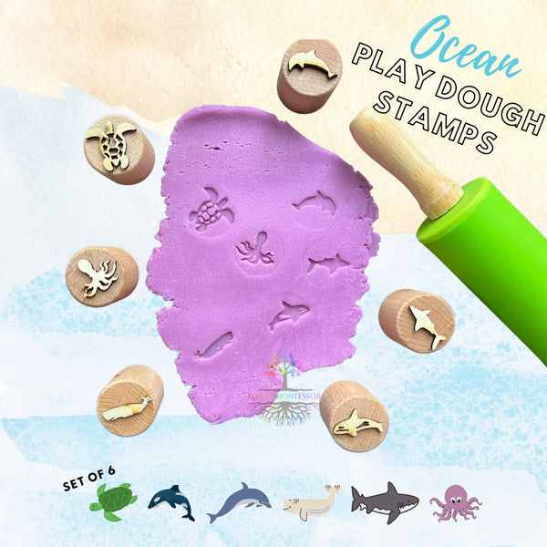 Wooden sea ocean life Stampers, Set of 6 Playdough Stamps, Sustainably Sourced Wood, Montessori Sensory Bin Educational ,Homeschool Wood toy