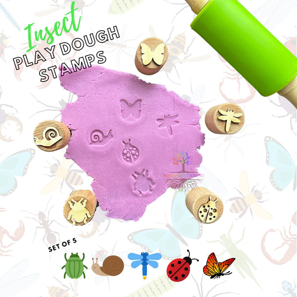 Wooden insect kid Stampers, Set of 5 Playdough Stamps, Sustainably Sourced Wood Montessori Toy, Sensory Bin Educational ,Homeschool Wood toy